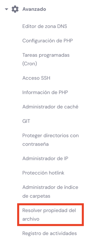 Sección Avanzado de hPanel